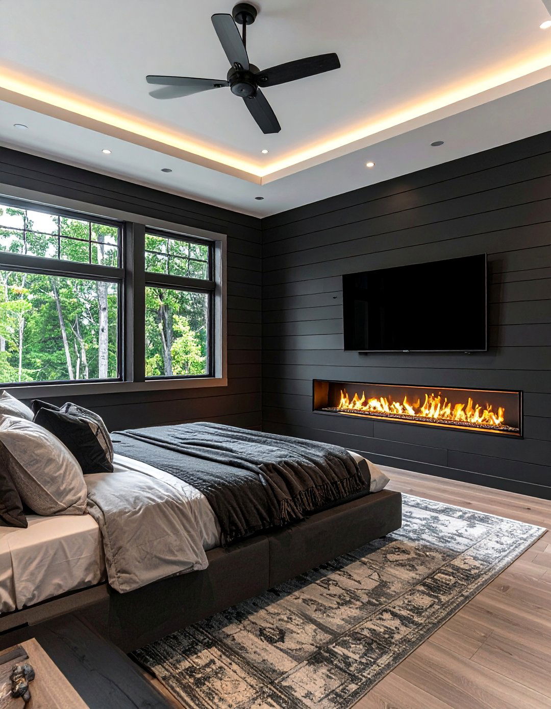 Black Shiplap Fireplace Accent Wall in a Bedroom - 40 Black Shiplap Fireplace Ideas for a Bold and Cozy Focal Point