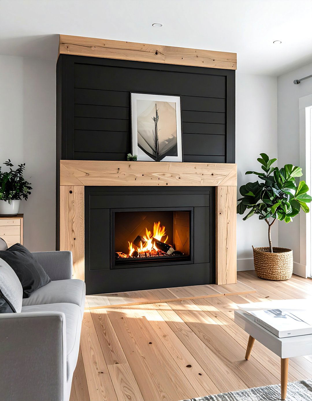 Black Shiplap Fireplace Framed with Natural Wood Trim - 40 Black Shiplap Fireplace Ideas for a Bold and Cozy Focal Point