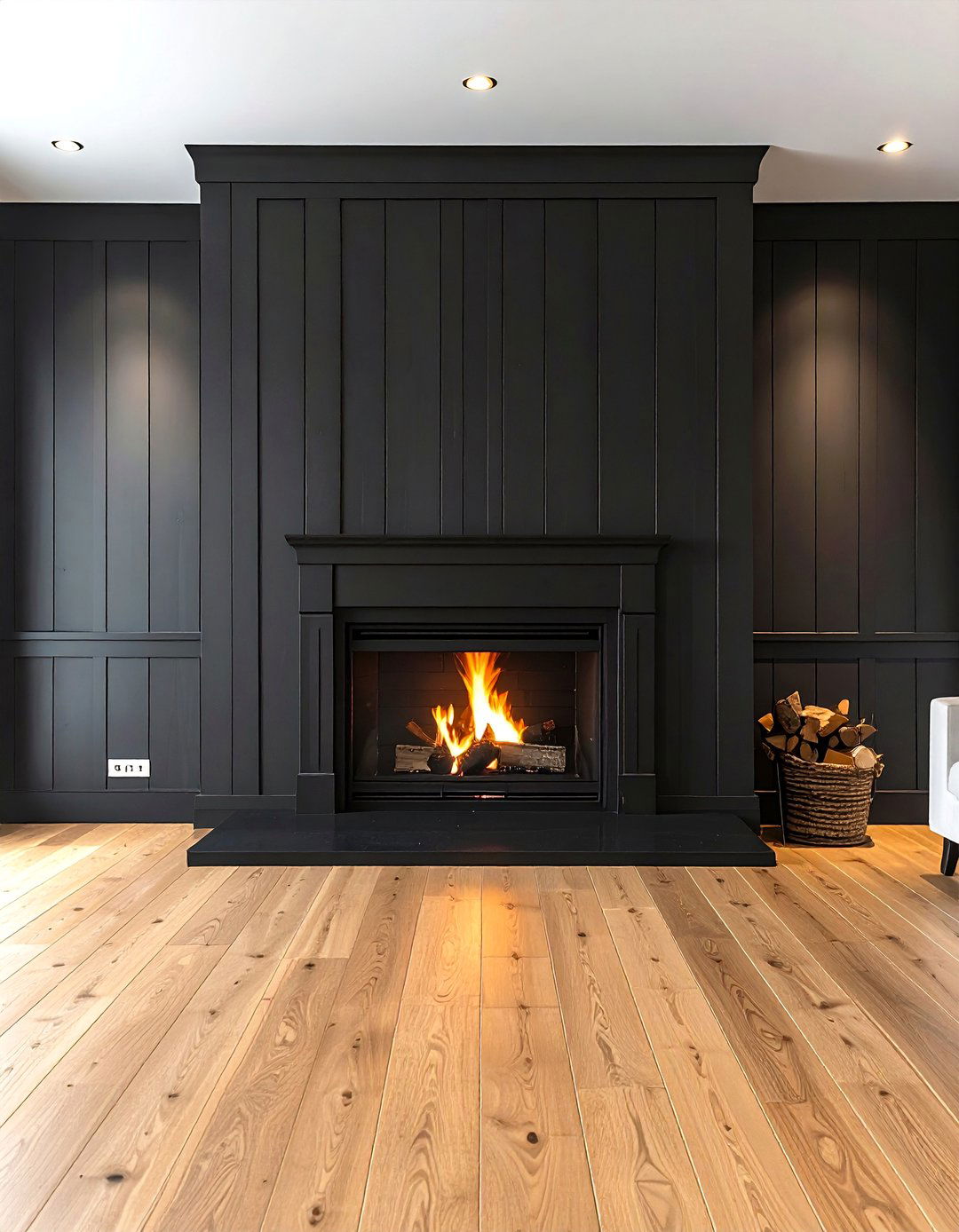 Black Shiplap Fireplace Paired with a Light Oak Wood Floor - 40 Black Shiplap Fireplace Ideas for a Bold and Cozy Focal Point