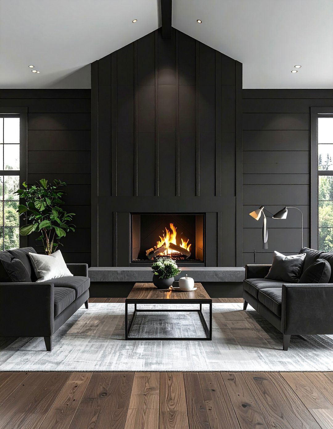 Black Shiplap Fireplace extending onto the Ceiling - 40 Black Shiplap Fireplace Ideas for a Bold and Cozy Focal Point