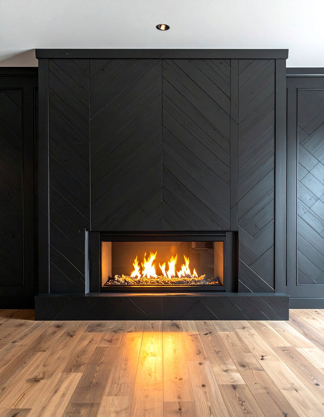 Black Shiplap Fireplace in a Chevron Pattern - 40 Black Shiplap Fireplace Ideas for a Bold and Cozy Focal Point