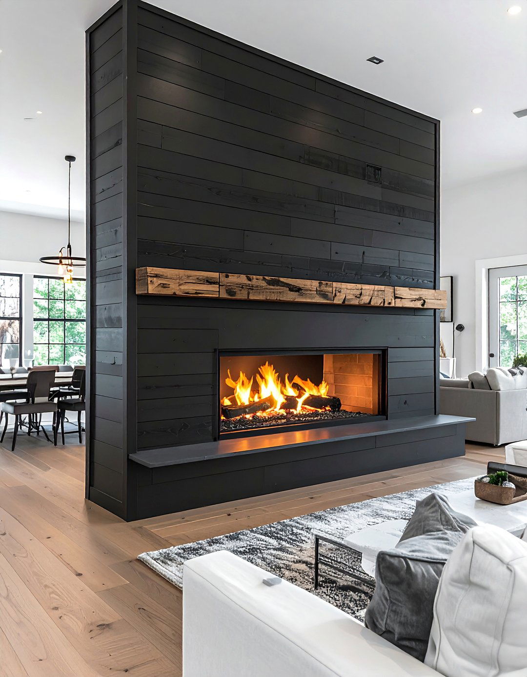 Black Shiplap Fireplace in a Double Sided Configuration - 40 Black Shiplap Fireplace Ideas for a Bold and Cozy Focal Point