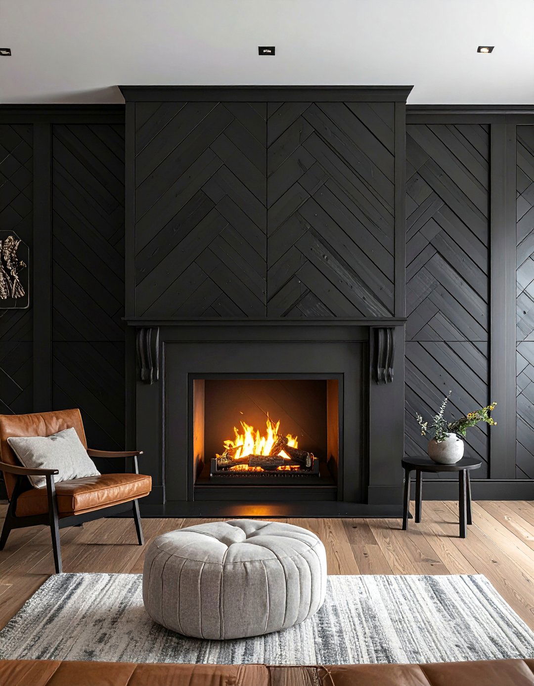 Black Shiplap Fireplace in a Herringbone Pattern - 40 Black Shiplap Fireplace Ideas for a Bold and Cozy Focal Point