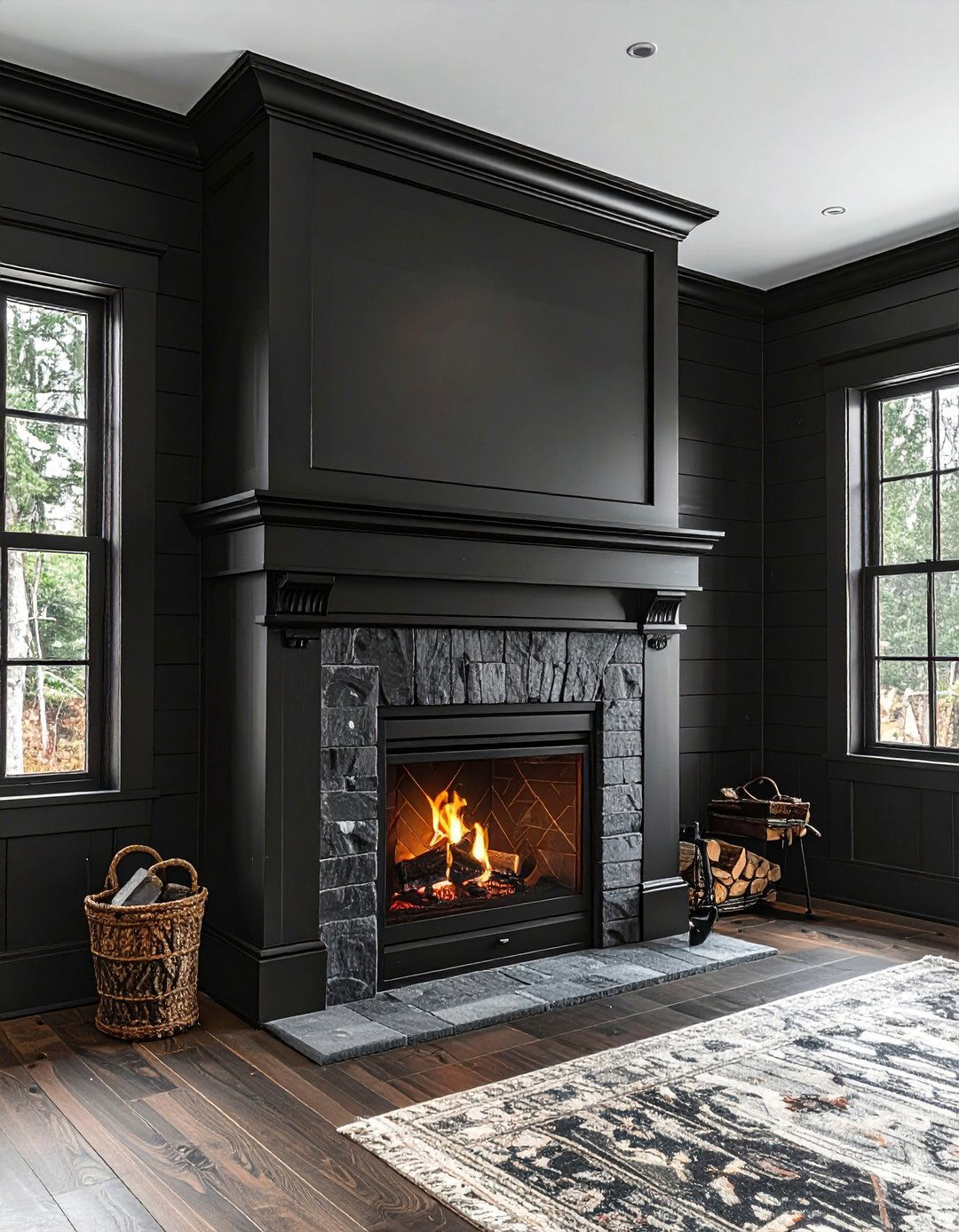 Black Shiplap Fireplace in a Monochromatic Black Room - 40 Black Shiplap Fireplace Ideas for a Bold and Cozy Focal Point