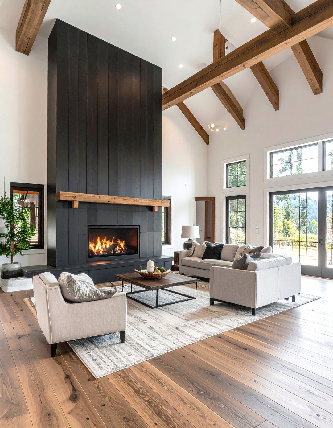 Black Shiplap Fireplace in a Room with High Vaulted Ceilings - 40 Black Shiplap Fireplace Ideas for a Bold and Cozy Focal Point