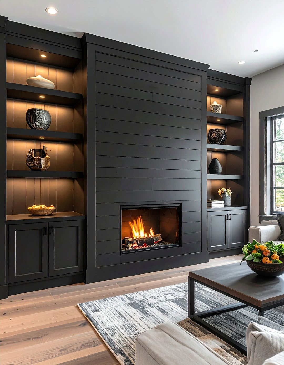 Black Shiplap Fireplace with Asymmetrical Built Ins - 40 Black Shiplap Fireplace Ideas for a Bold and Cozy Focal Point