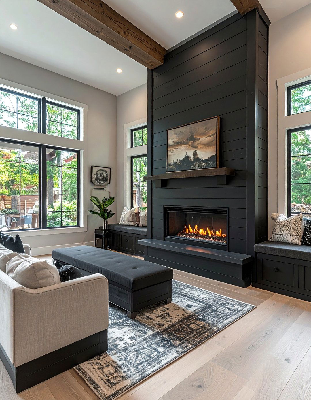 Black Shiplap Fireplace with Built in Bench Seating - 40 Black Shiplap Fireplace Ideas for a Bold and Cozy Focal Point