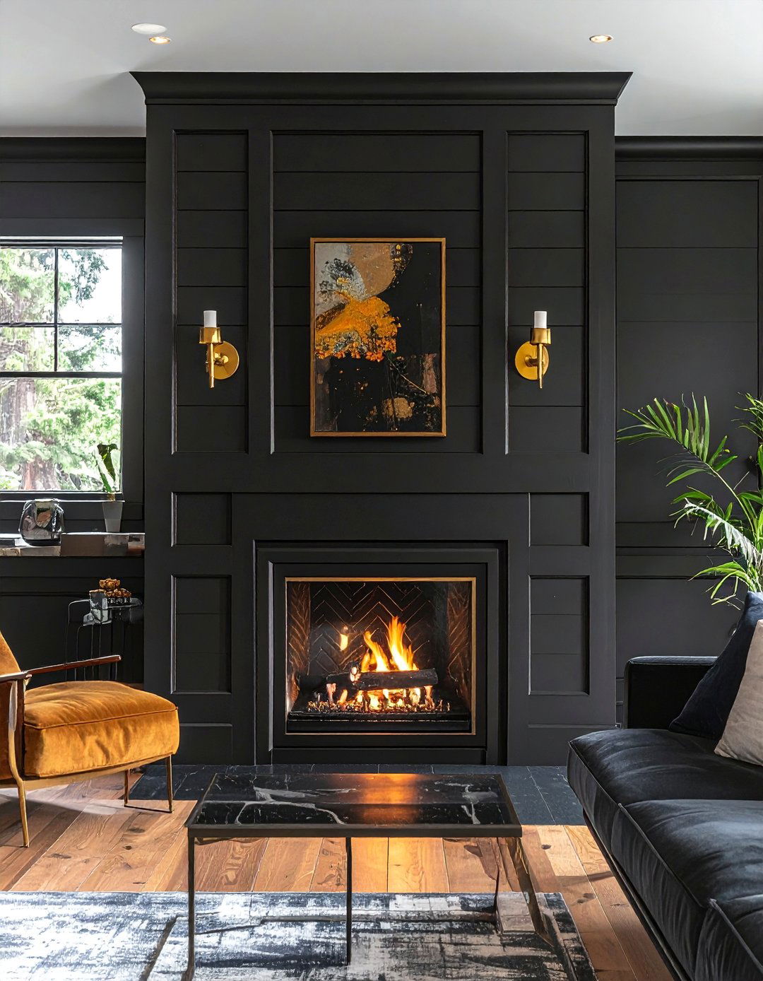 Black Shiplap Fireplace with Gold and Brass Accents - 40 Black Shiplap Fireplace Ideas for a Bold and Cozy Focal Point