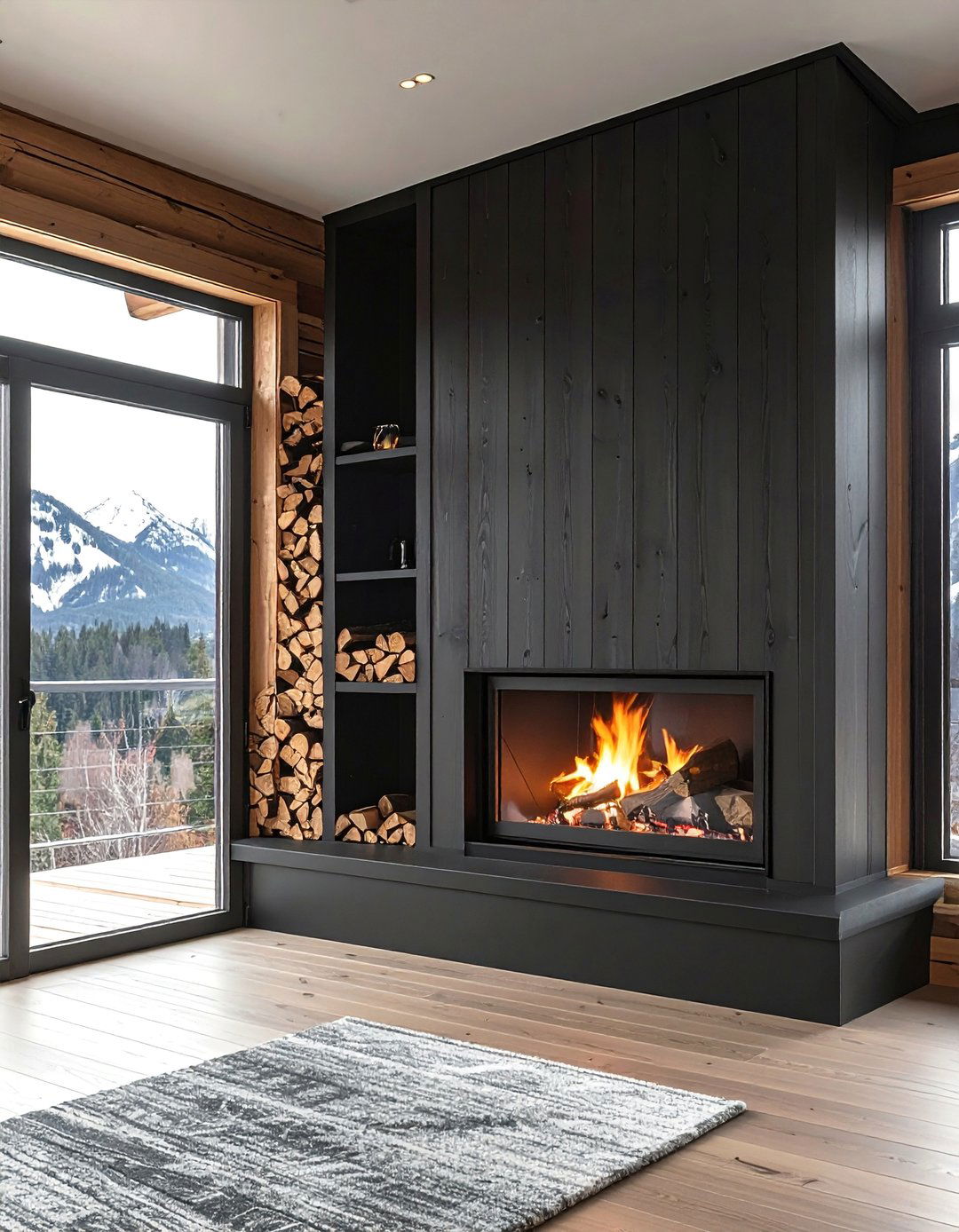 Black Shiplap Fireplace with Integrated Firewood Storage - 40 Black Shiplap Fireplace Ideas for a Bold and Cozy Focal Point