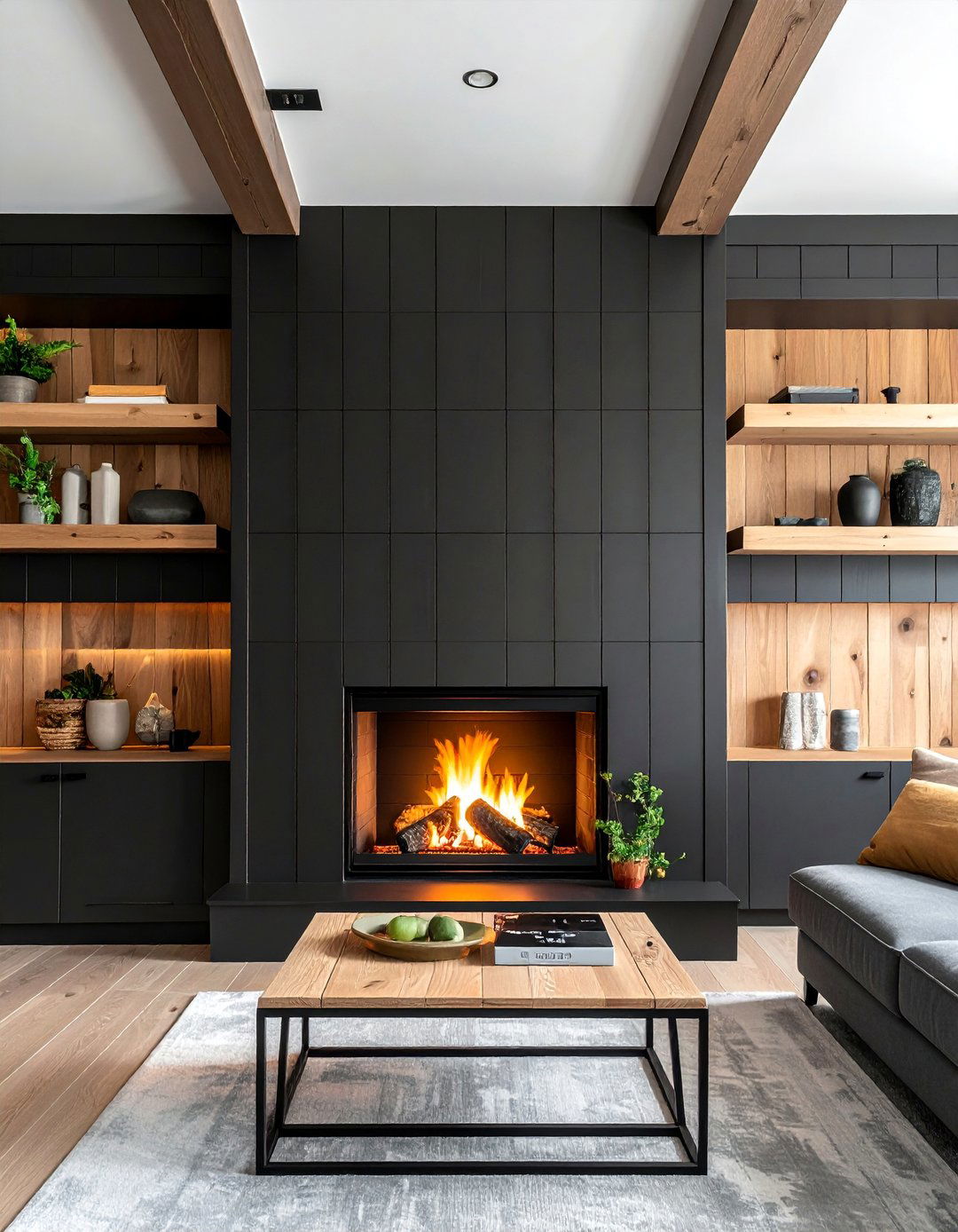 Black Shiplap Fireplace with Symmetrical Floating Shelves - 40 Black Shiplap Fireplace Ideas for a Bold and Cozy Focal Point