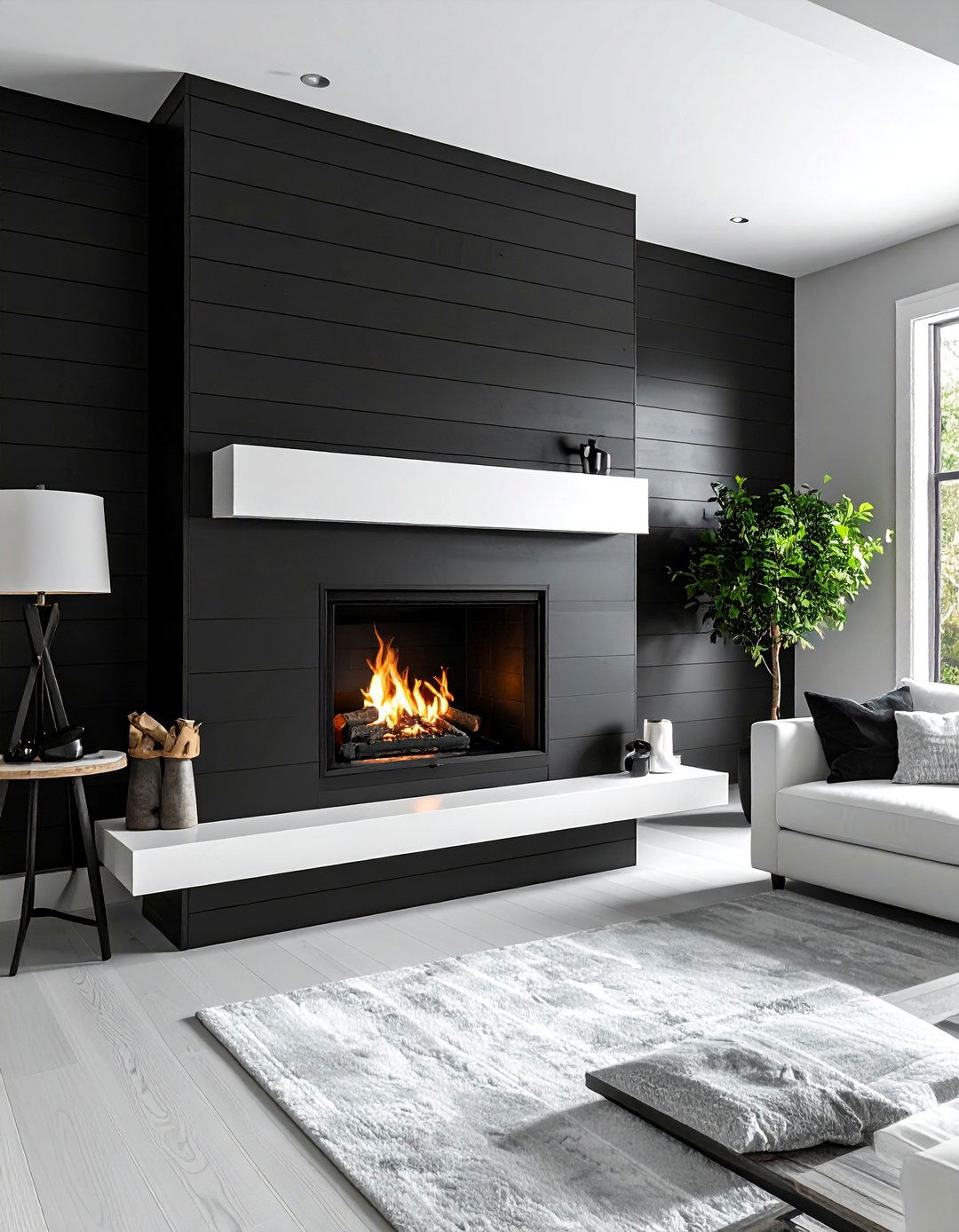 Black Shiplap Fireplace with a Floating White Mantel - 40 Black Shiplap Fireplace Ideas for a Bold and Cozy Focal Point