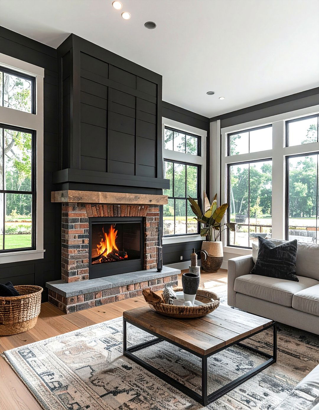 Black Shiplap Fireplace with a German Schmear Brick Hearth - 40 Black Shiplap Fireplace Ideas for a Bold and Cozy Focal Point