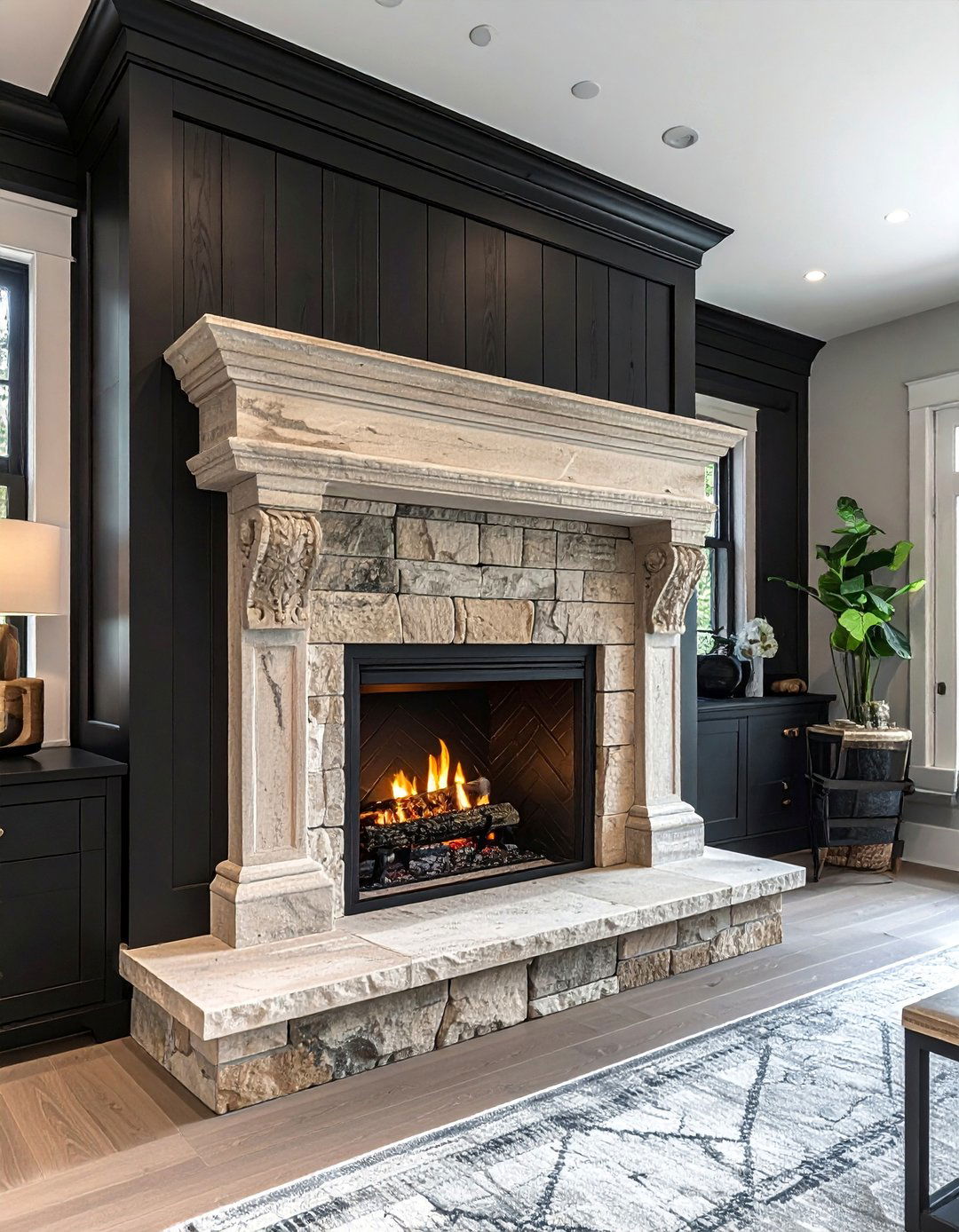 Black Shiplap Fireplace with a Limestone Mantel - 40 Black Shiplap Fireplace Ideas for a Bold and Cozy Focal Point