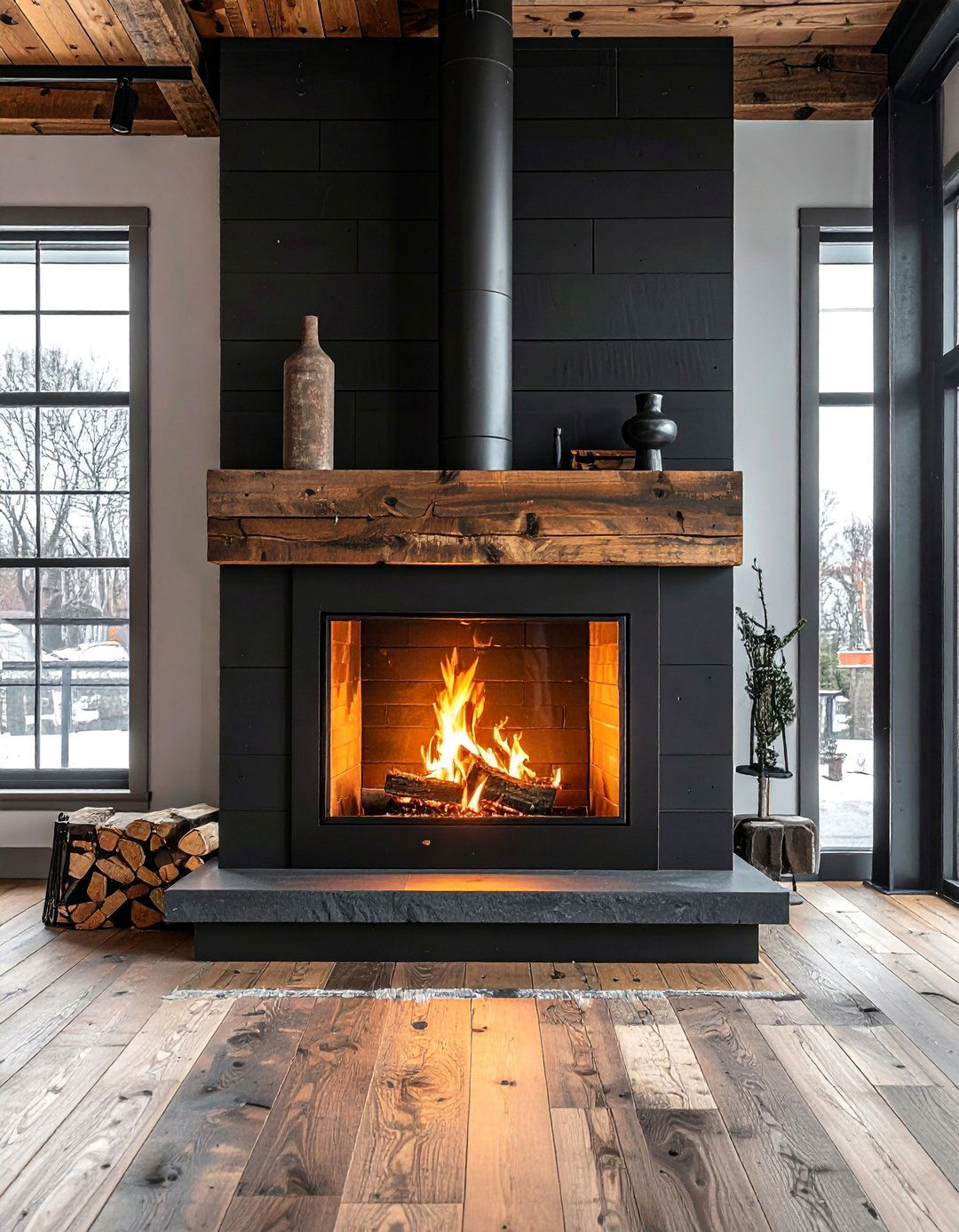 Black Shiplap Fireplace with a Minimalist Steel Mantel - 40 Black Shiplap Fireplace Ideas for a Bold and Cozy Focal Point