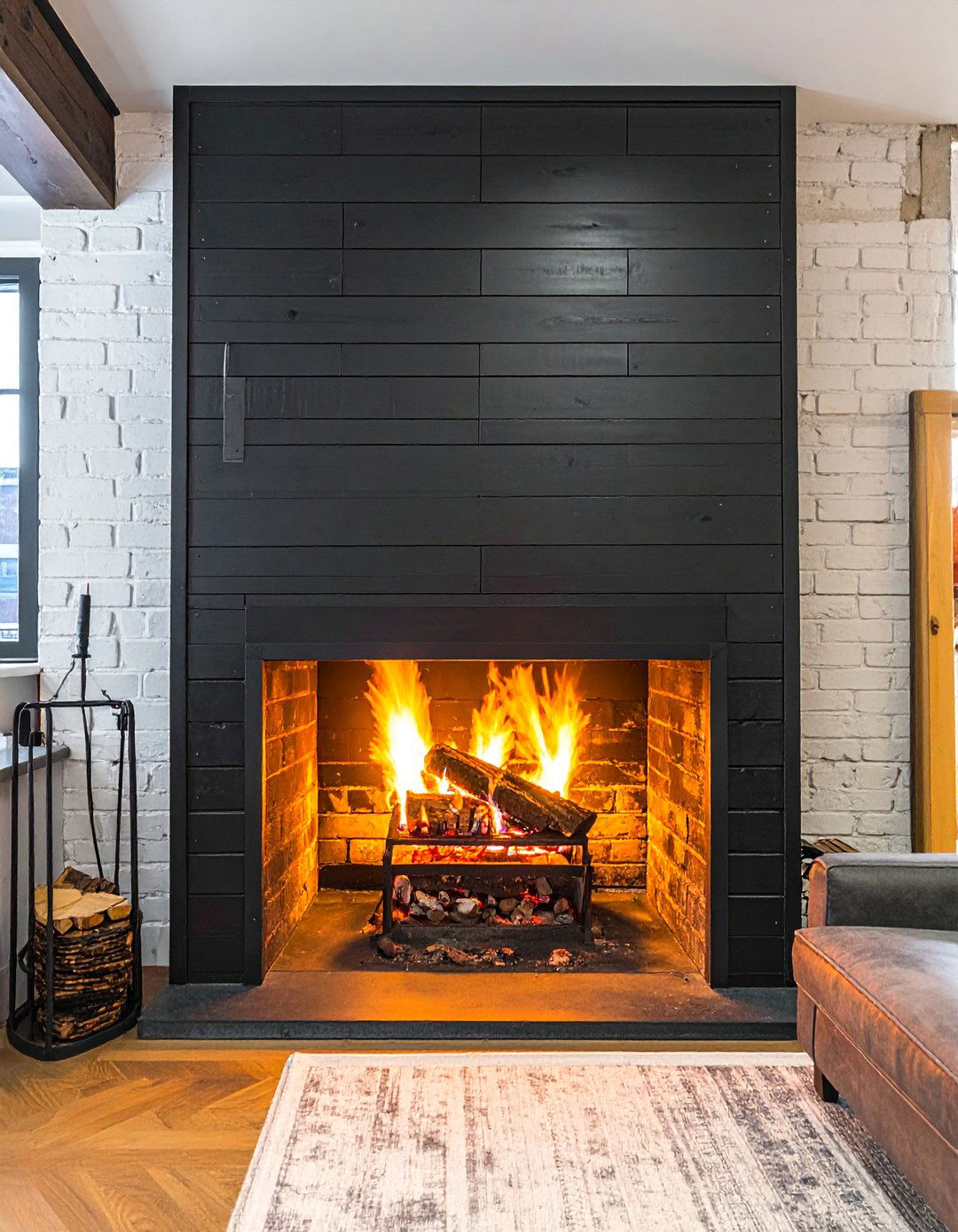 Black Shiplap Fireplace with a Painted Black Brick Surround - 40 Black Shiplap Fireplace Ideas for a Bold and Cozy Focal Point