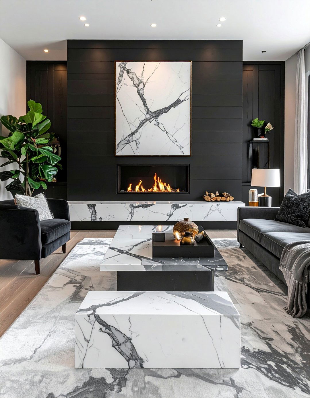 Black Shiplap Fireplace with a Surround of Polished Marble - 40 Black Shiplap Fireplace Ideas for a Bold and Cozy Focal Point