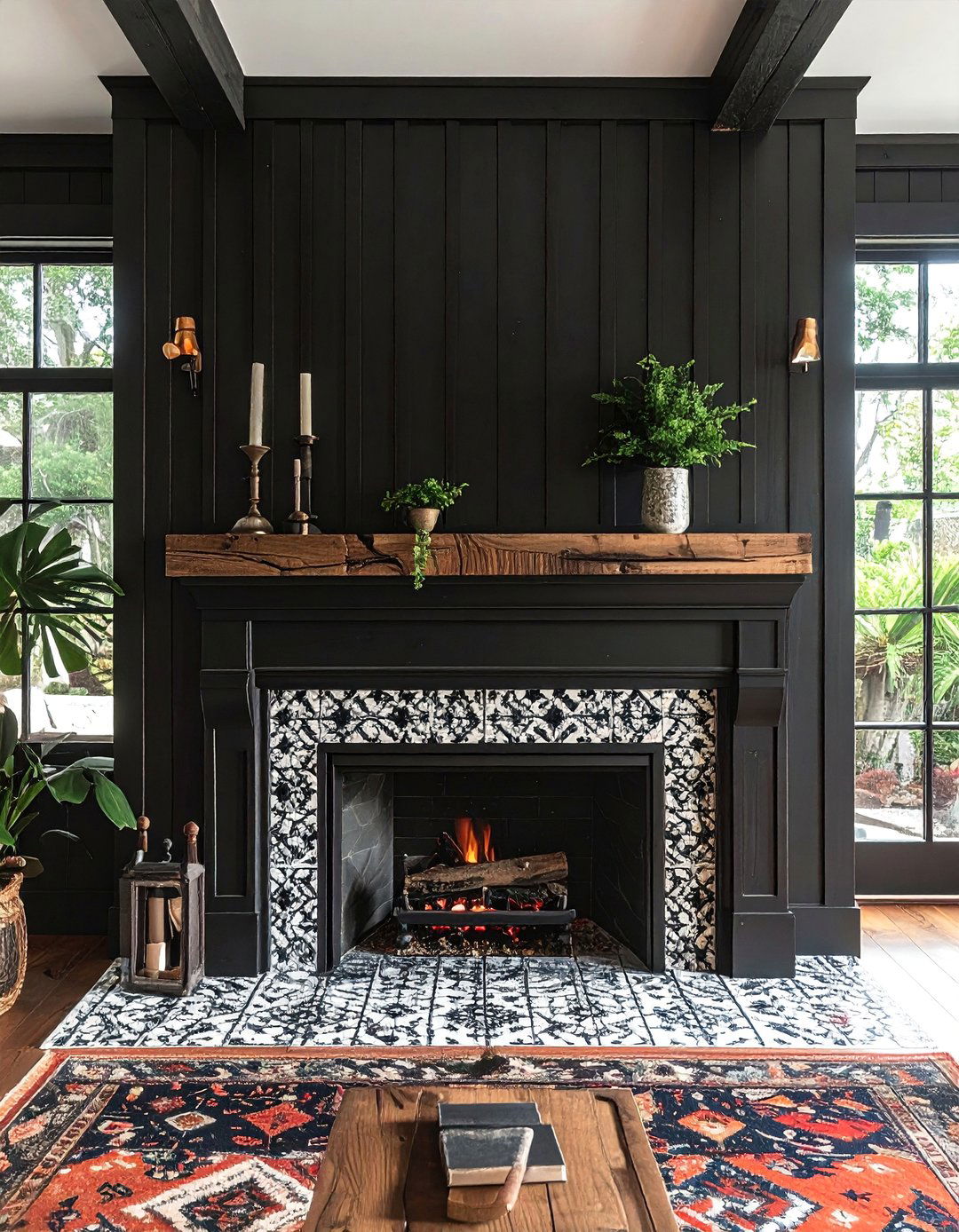 Black Shiplap Fireplace with a Tiled Hearth - 40 Black Shiplap Fireplace Ideas for a Bold and Cozy Focal Point