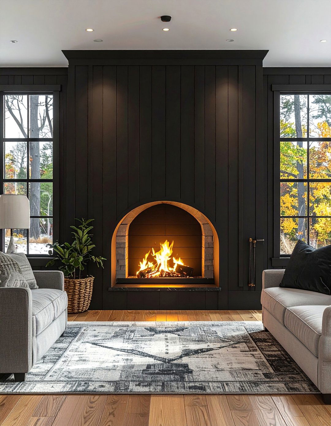 Black Shiplap Fireplace with an Arched Firebox Opening - 40 Black Shiplap Fireplace Ideas for a Bold and Cozy Focal Point