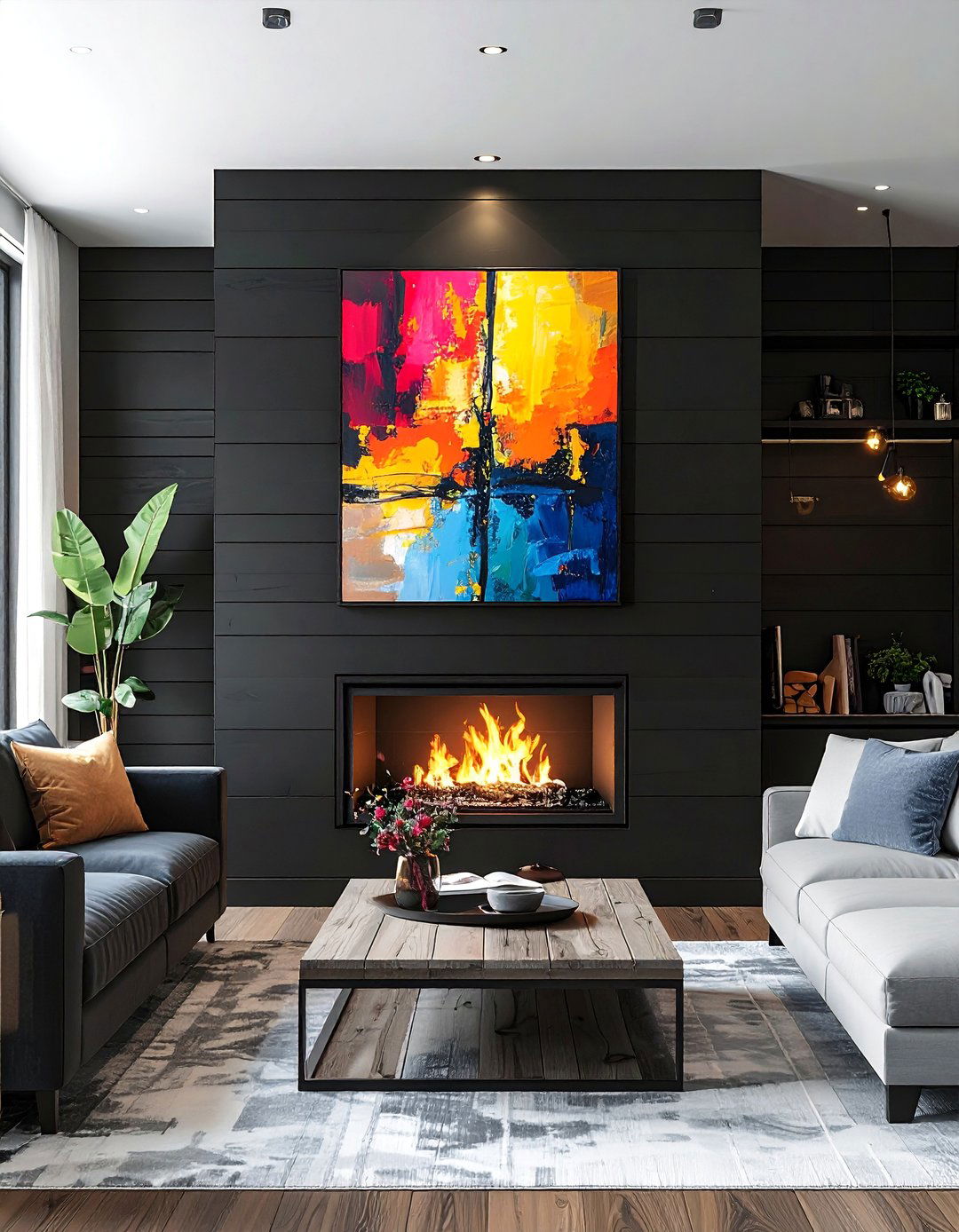 Black Shiplap Fireplace with an Over Mantel Art Display - 40 Black Shiplap Fireplace Ideas for a Bold and Cozy Focal Point
