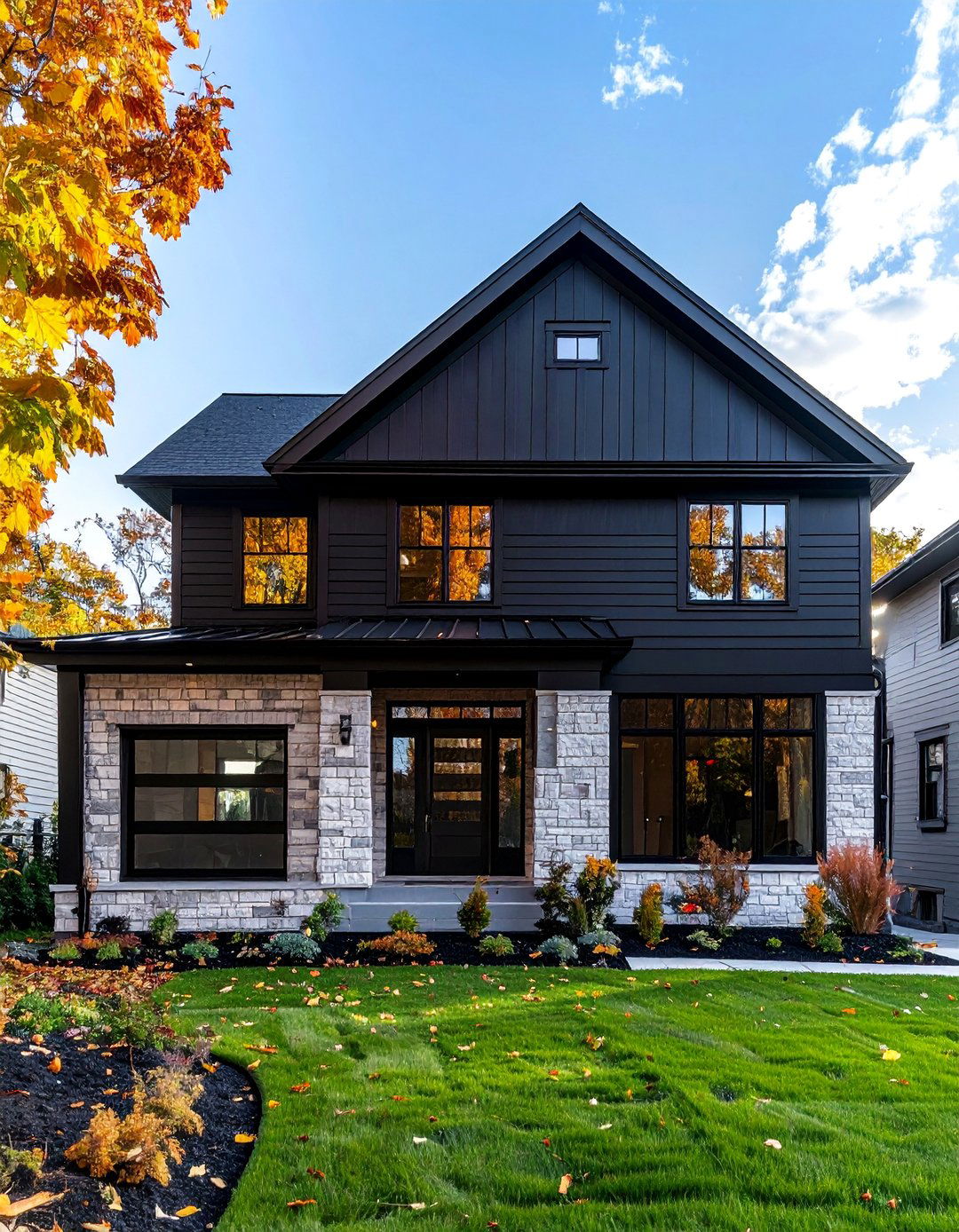 Black Siding Combined with White or Light Colored Brick - 30 Black Siding House Ideas for a Sleek Exterior