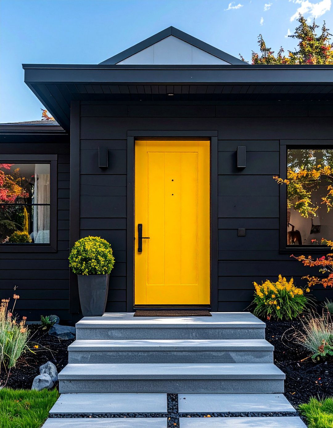 Black Siding Paired with a Brightly Colored Front Door - 30 Black Siding House Ideas for a Sleek Exterior