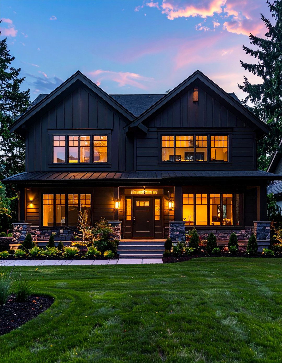 Black Siding with Integrated Exterior Lighting - 30 Black Siding House Ideas for a Sleek Exterior
