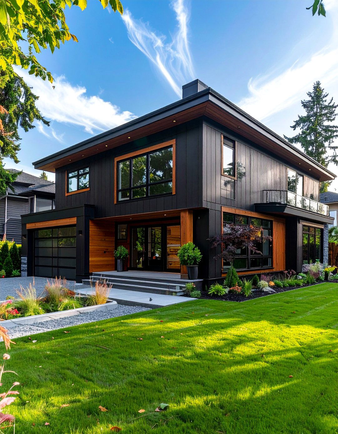 Black Siding with Natural Wood Window Trims - 20 Black House With Wood Accents Ideas for a Bold Style