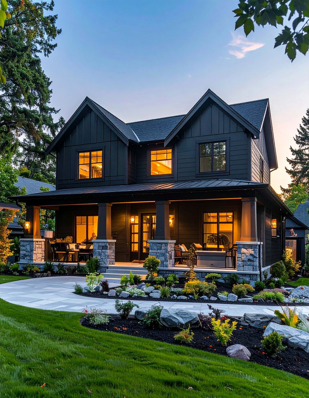 Black Siding with Stone Veneer Foundation - 30 Black Siding House Ideas for a Sleek Exterior