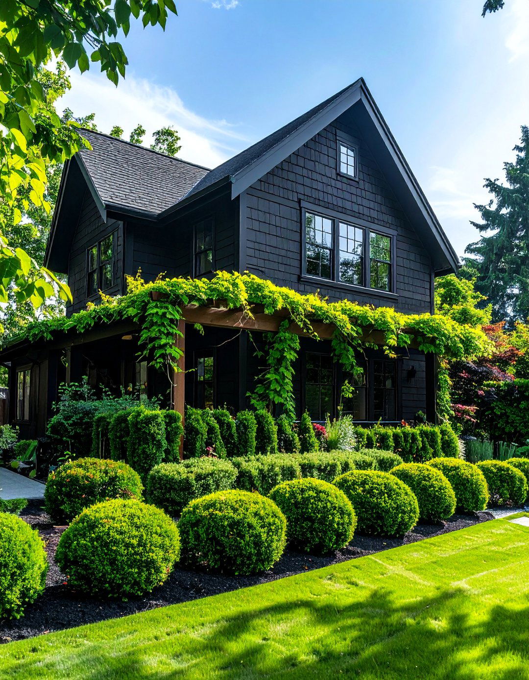 Black Siding with a Pop of Greenery from Landscaping - 30 Black Siding House Ideas for a Sleek Exterior