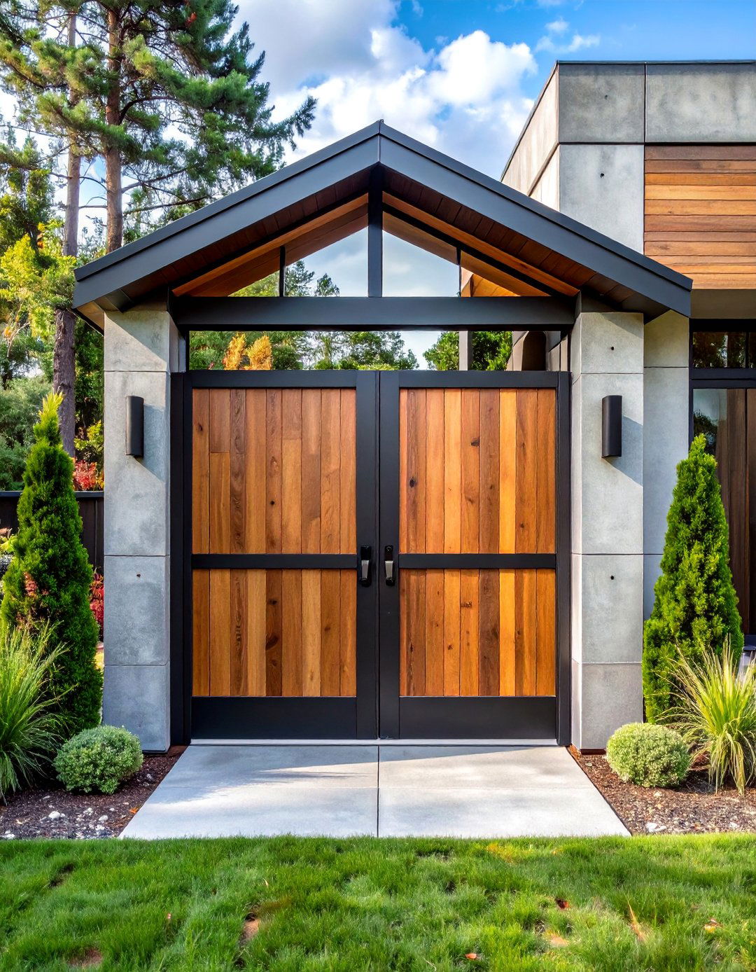 Black Steel Frame and Wood Infill Front Door Gate - 20 Front Door Gate Ideas to Boost Curb Appeal