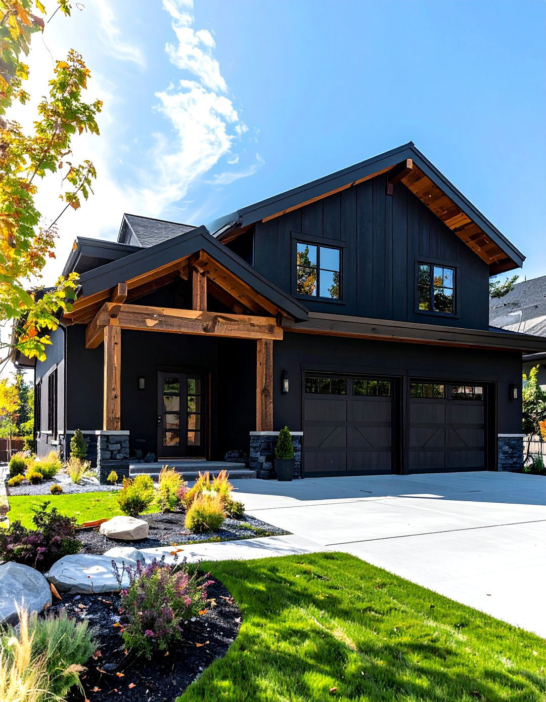 Black Stucco House with Reclaimed Wood Beams - 20 Black House With Wood Accents Ideas for a Bold Style