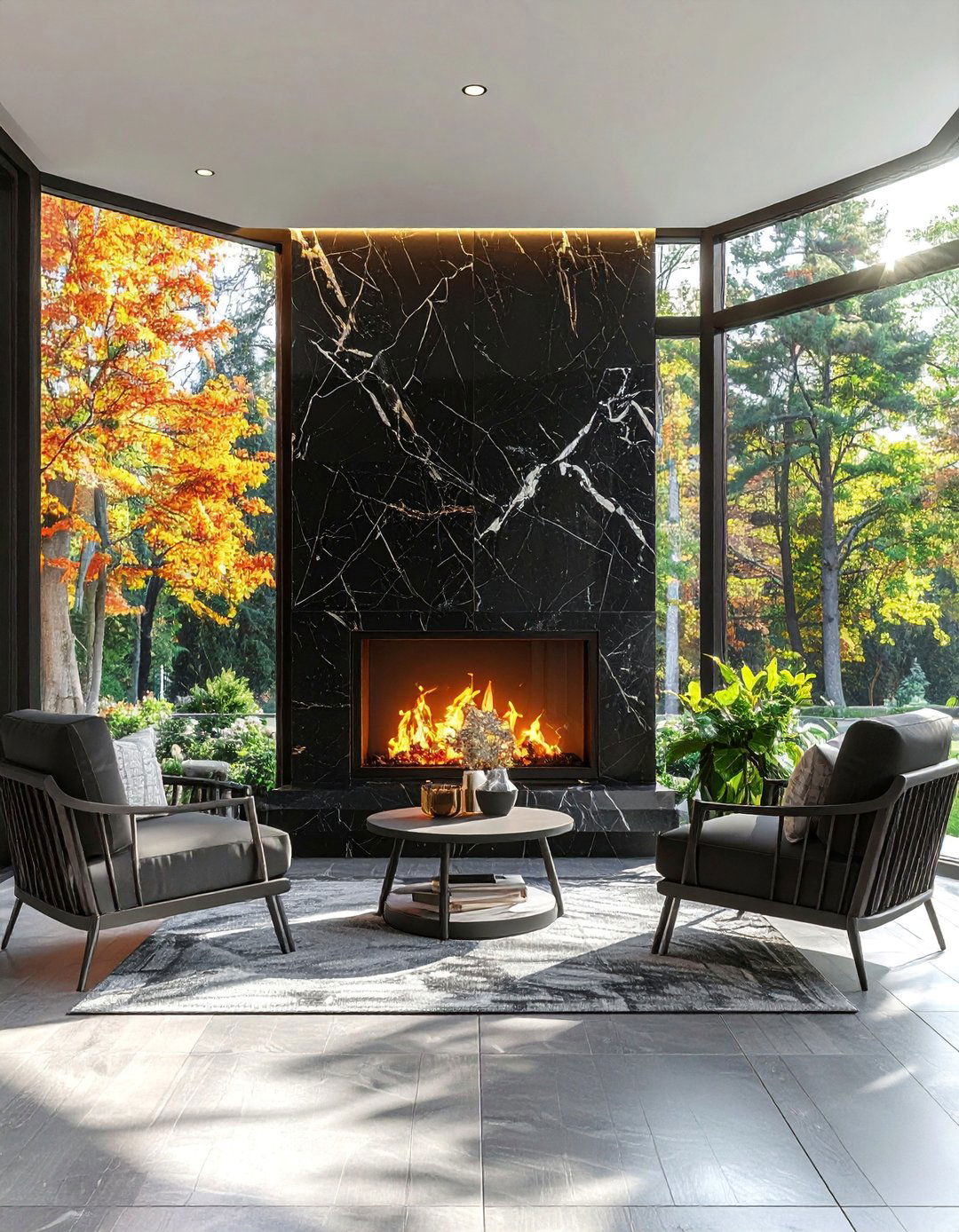 Black Sunroom Featuring a Fireplace - 20 Black Sunroom Ideas for a Stylish Retreat