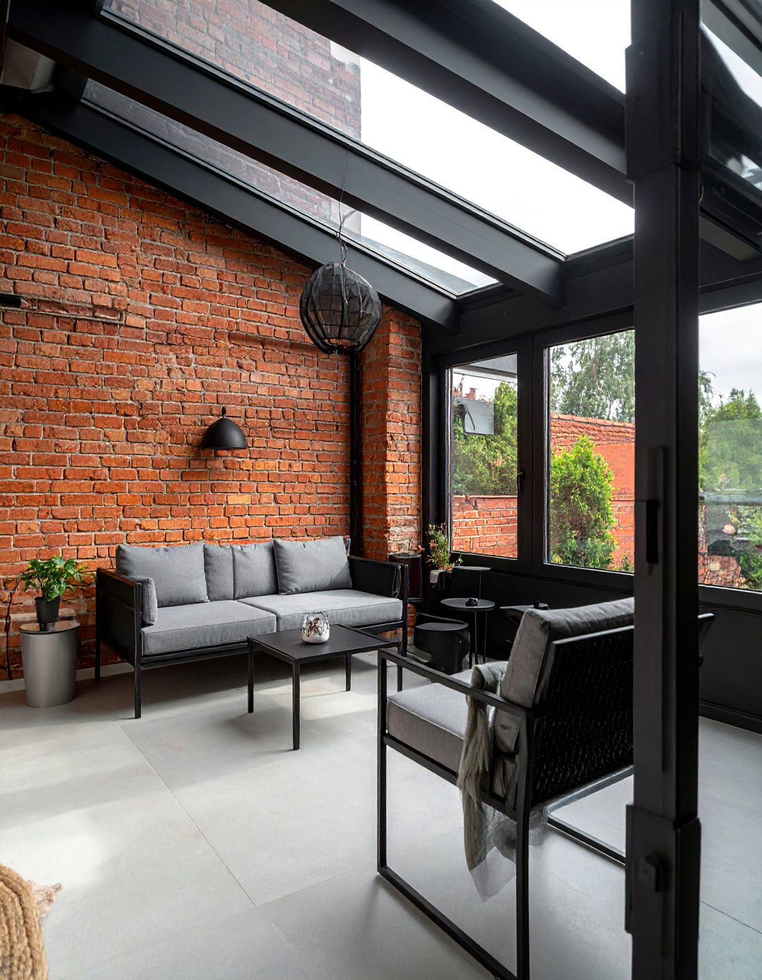 Black Sunroom with Exposed Brick Accents - 20 Black Sunroom Ideas for a Stylish Retreat