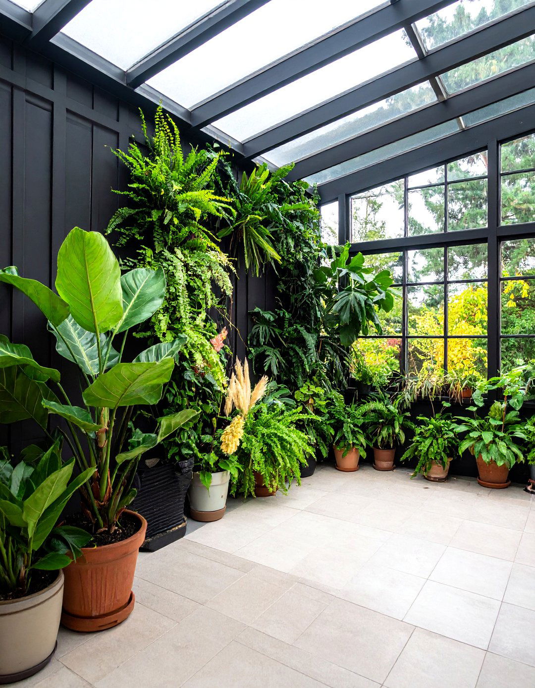Black Sunroom with Lush Indoor Plants - 20 Black Sunroom Ideas for a Stylish Retreat