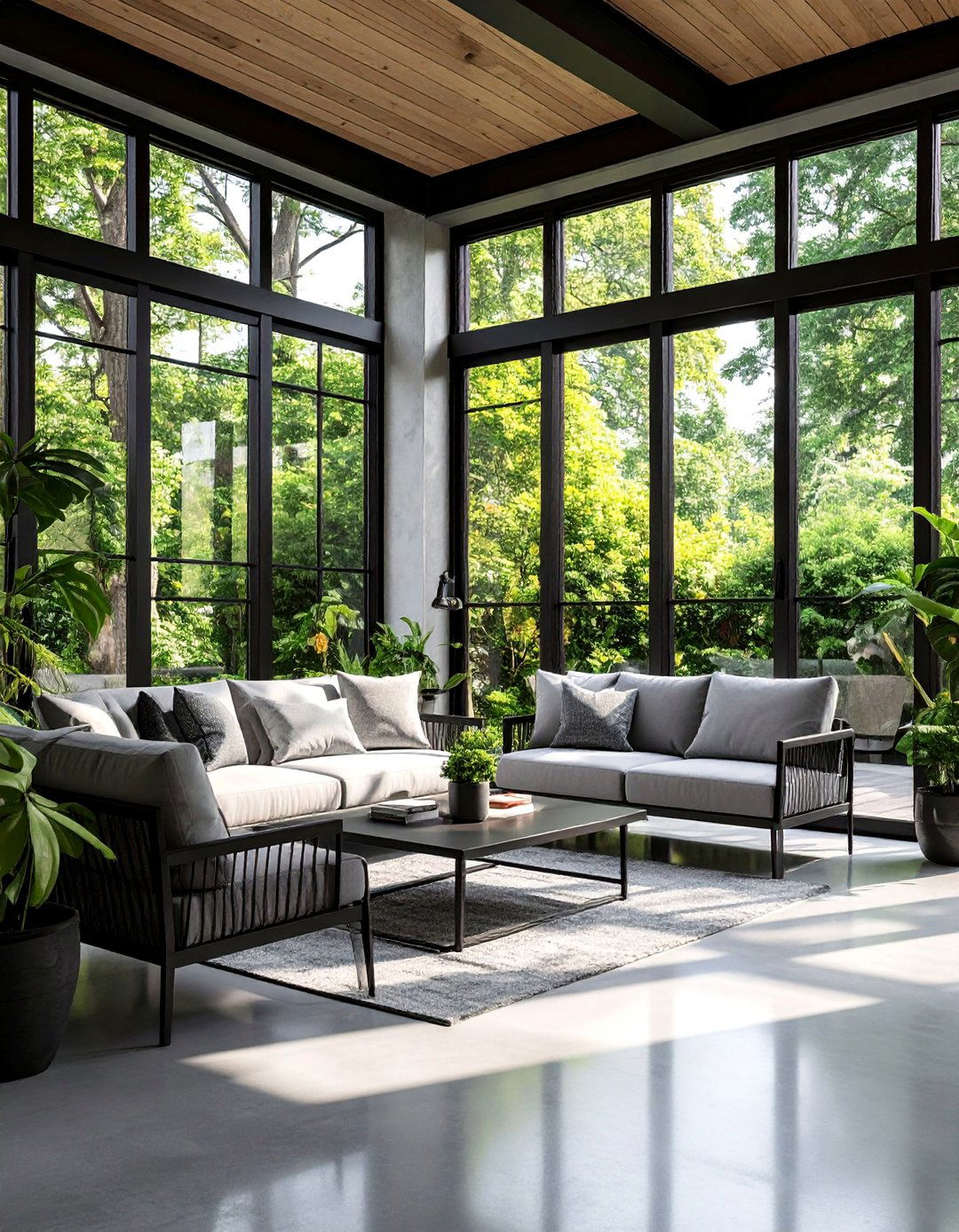 Black Sunroom with Metal Framed Windows