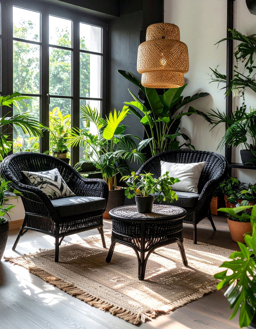 Black Sunroom with Rattan and Wicker Furniture - 20 Black Sunroom Ideas for a Stylish Retreat