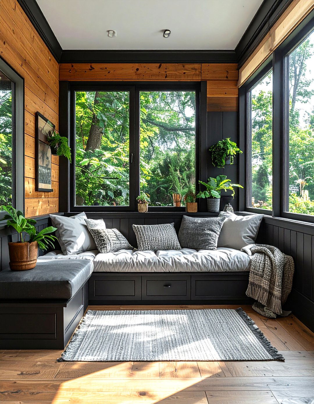 Black Sunroom with a Built in Daybed - 20 Black Sunroom Ideas for a Stylish Retreat