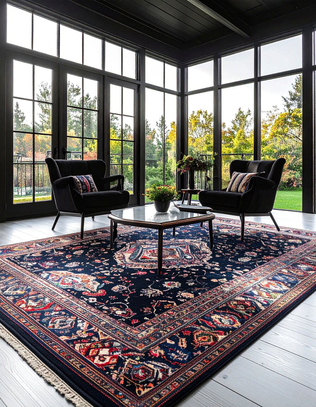 Black Sunroom with a Statement Rug - 20 Black Sunroom Ideas for a Stylish Retreat