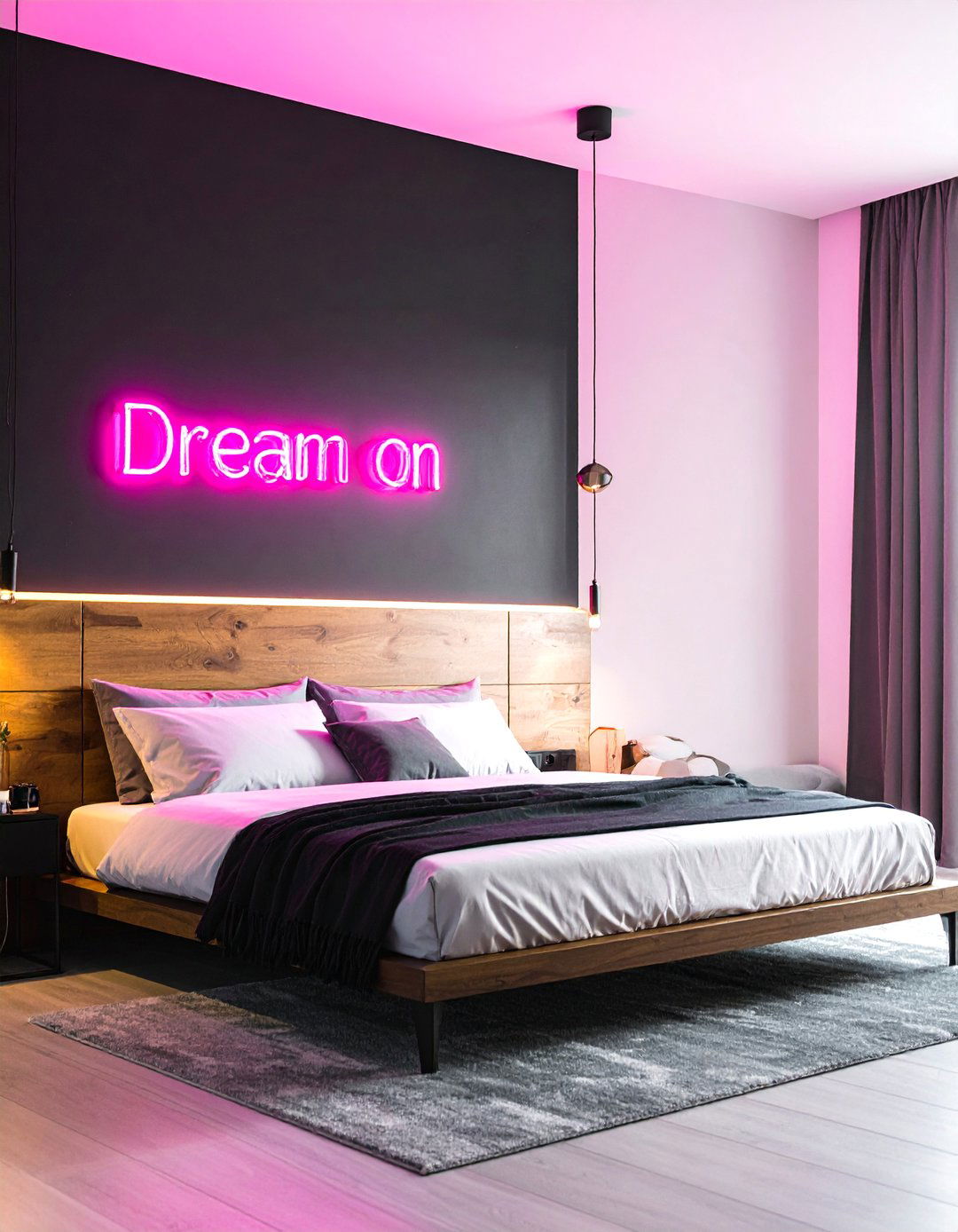 Black Wall with Neon Light Sign - 30 Colorful Bedroom Ideas for a Vibrant Space