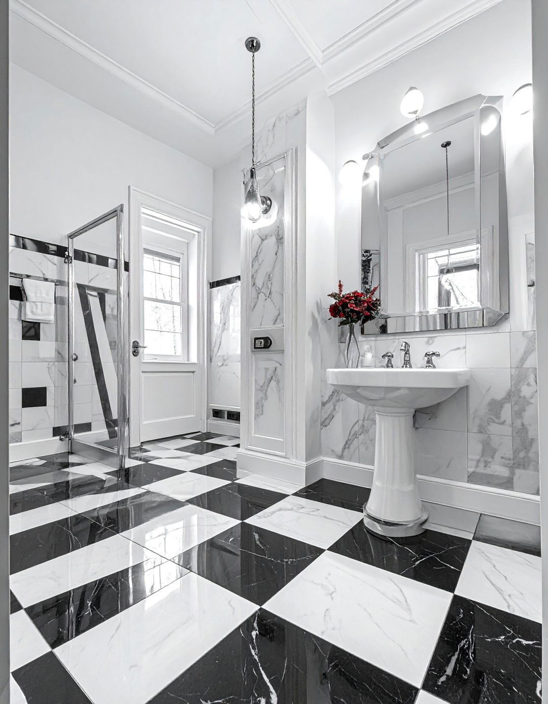 Black and White Bathroom with Classic Checkerboard Floors - 40 Black and White Bathroom Ideas for Style