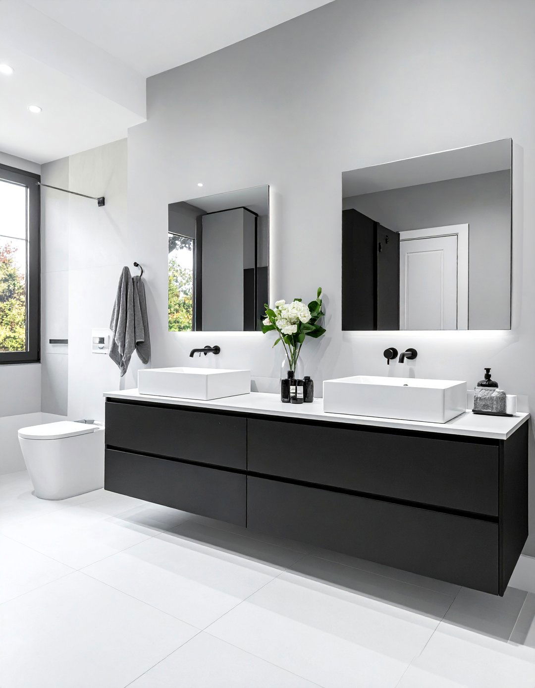 Black and White Bathroom with Contrasting Vanities - 40 Black and White Bathroom Ideas for Style