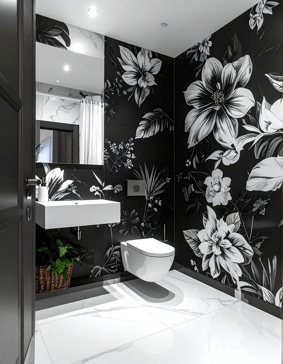 Black and White Bathroom with Floral or Botanical Wallpaper - 40 Black and White Bathroom Ideas for Style