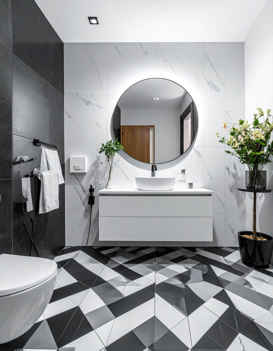 Black and White Bathroom with Geometric Patterned Tiles - 40 Black and White Bathroom Ideas for Style