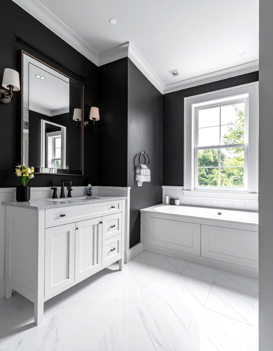 Black and White Bathroom with High Contrast Wainscoting - 40 Black and White Bathroom Ideas for Style