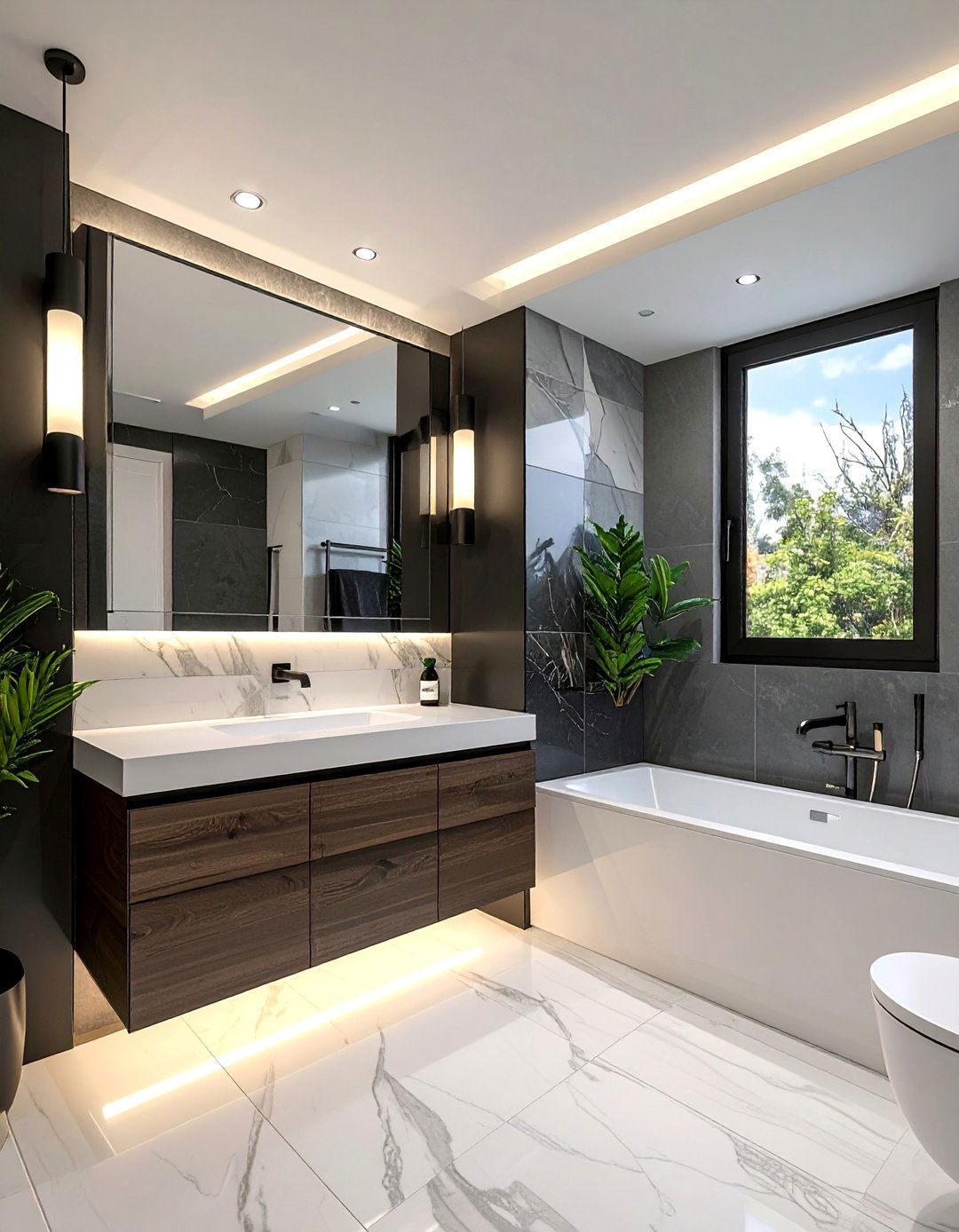 Black and White Bathroom with Layered Lighting - 40 Black and White Bathroom Ideas for Style