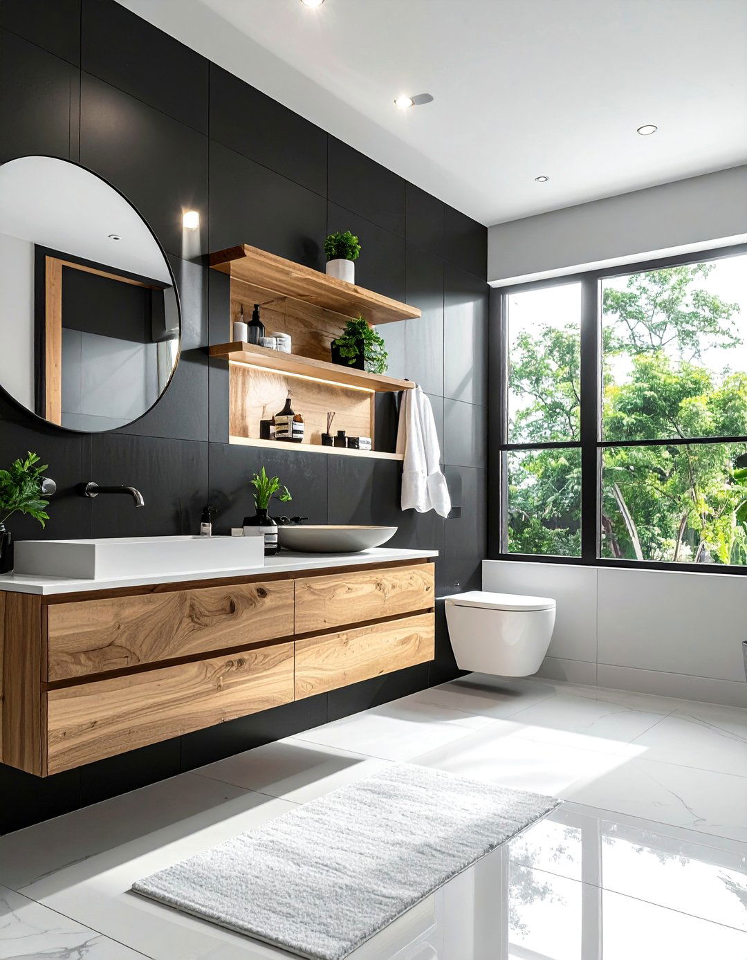 Black and White Bathroom with Natural Wood Elements - 40 Black and White Bathroom Ideas for Style