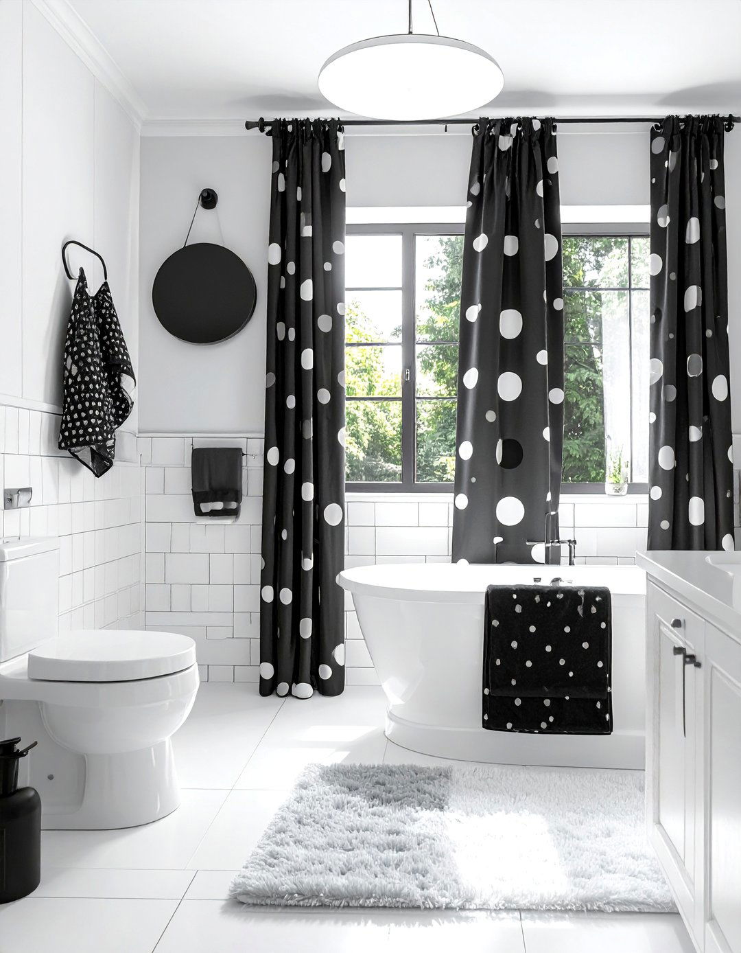 Black and White Bathroom with Polka Dot Accents - 40 Black and White Bathroom Ideas for Style