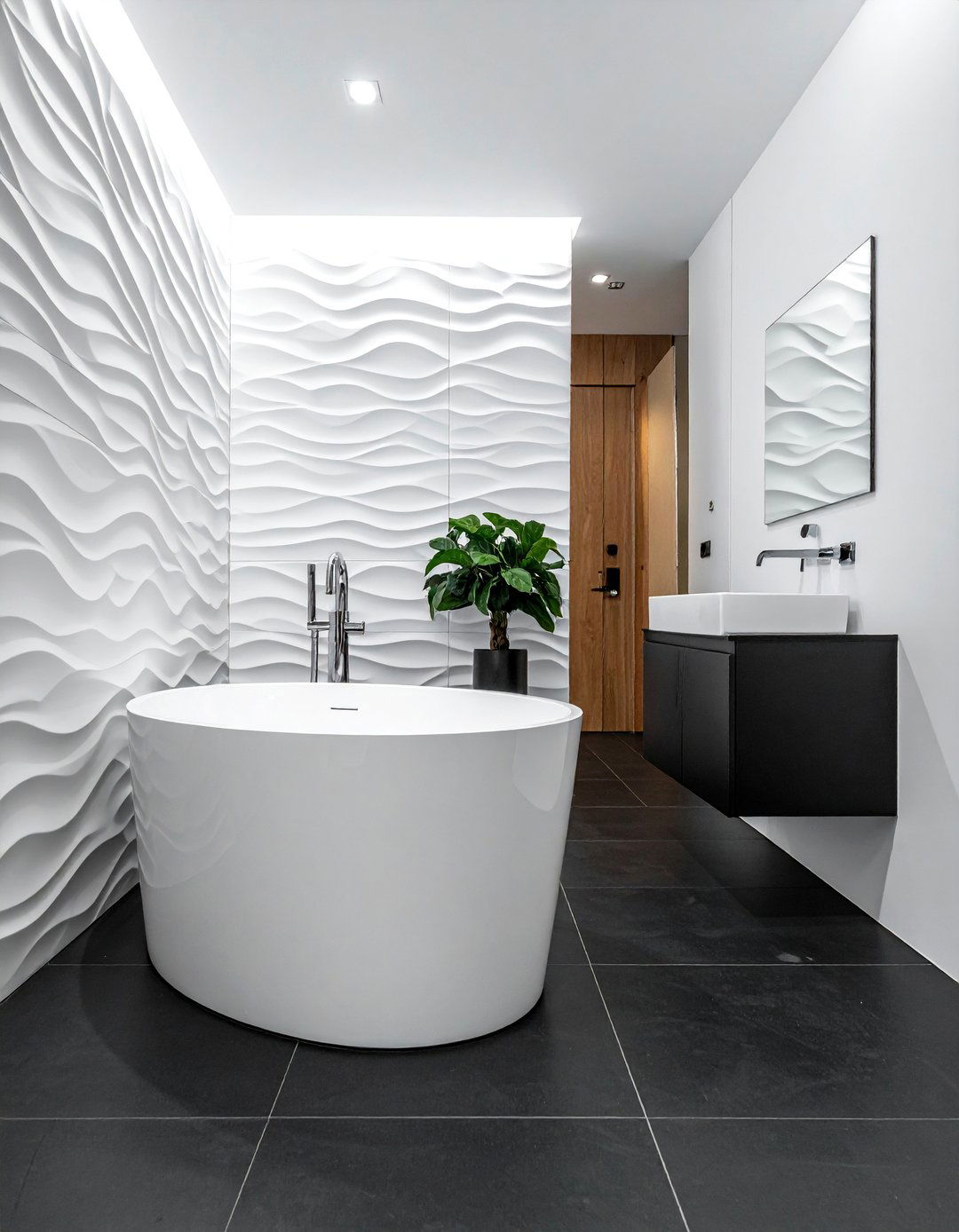 Black and White Bathroom with Textured White Walls - 40 Black and White Bathroom Ideas for Style