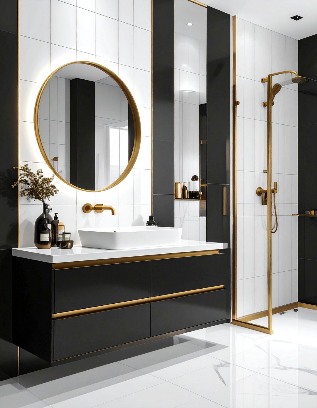Black and White Bathroom with Warm Gold Accents - 40 Black and White Bathroom Ideas for Style
