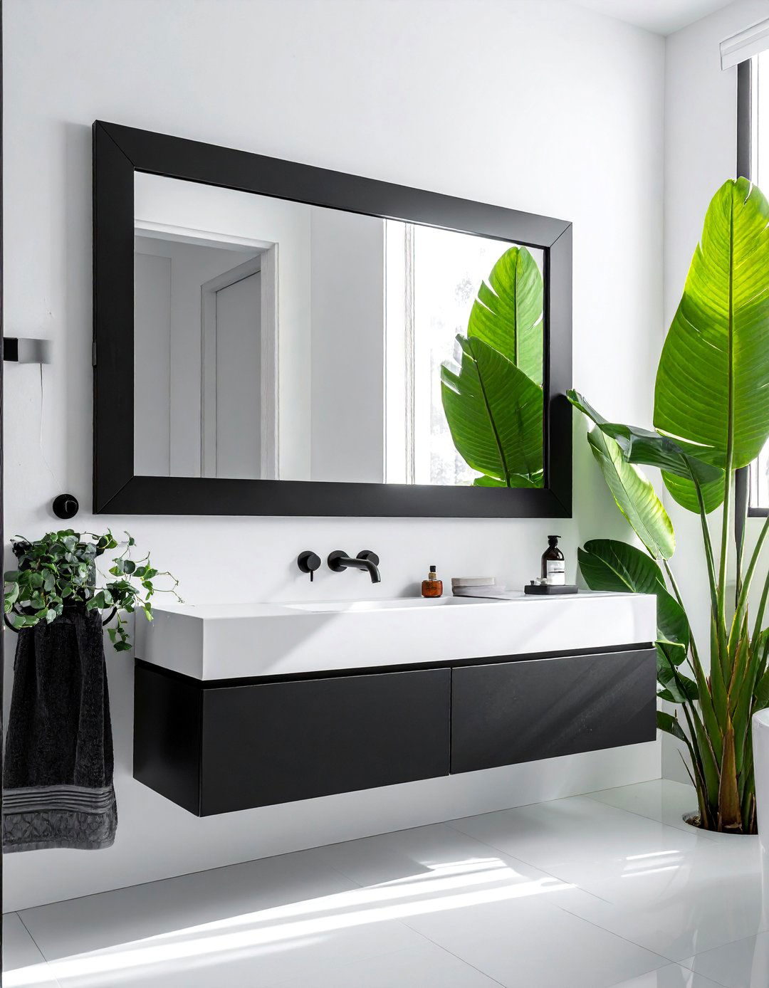 Black and White Bathroom with a Black Framed Mirror - 40 Black and White Bathroom Ideas for Style
